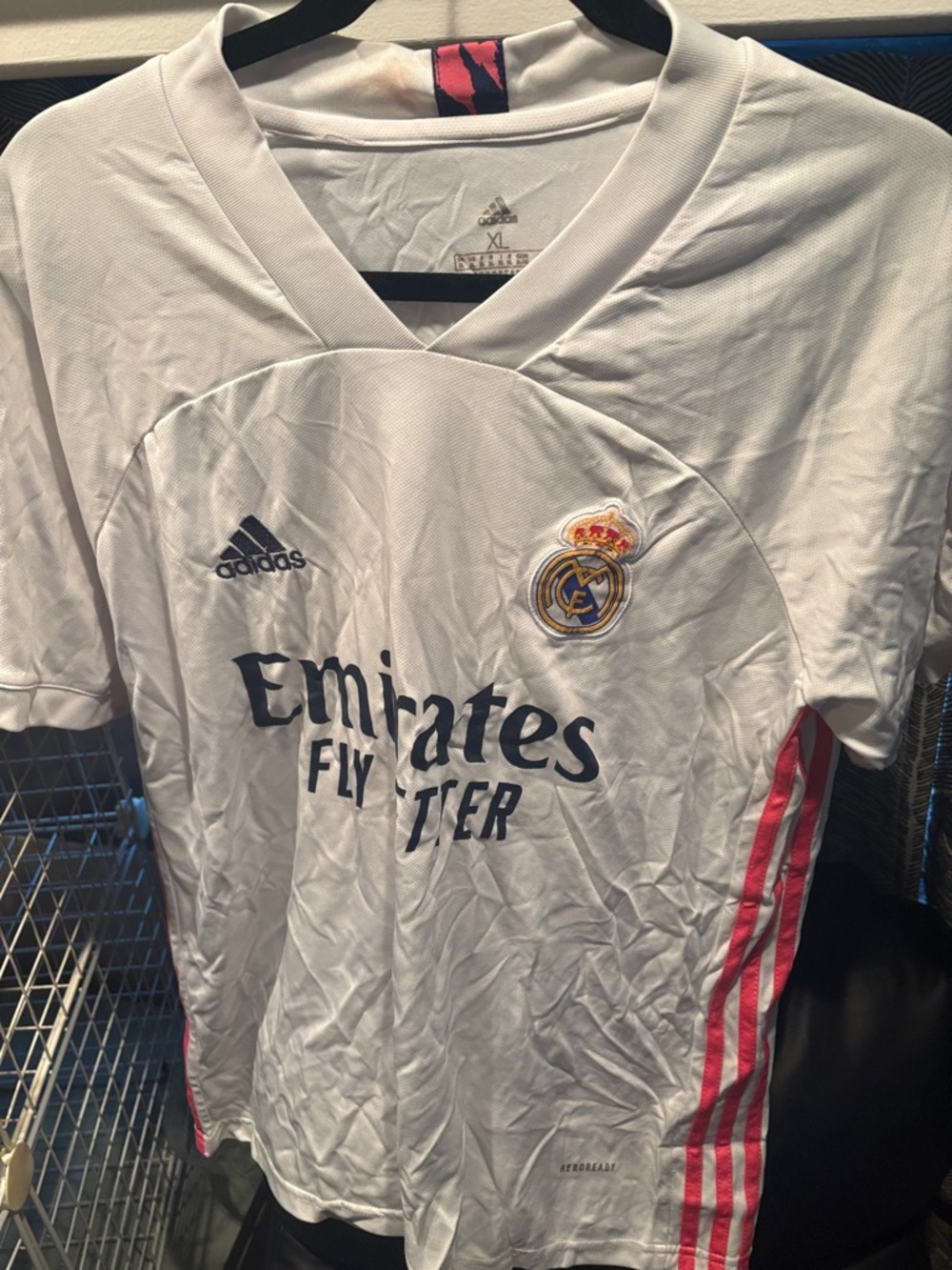 adidas White Real Madrid Kids Jersey with Pink Side Stripes